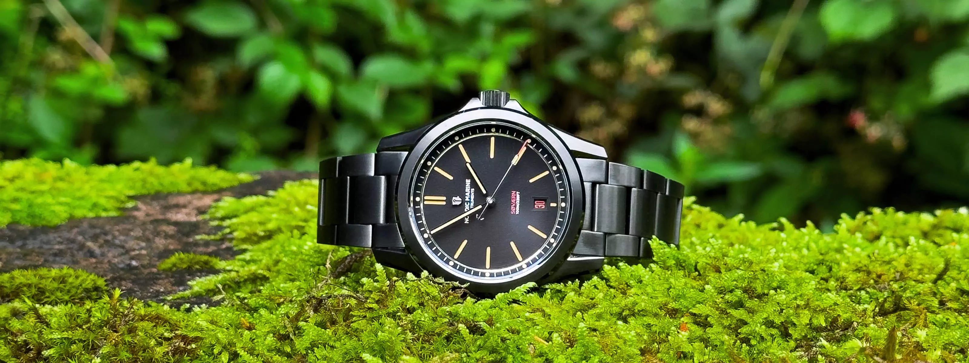 Black wristwatch on a mossy surface with a blurred green forest background